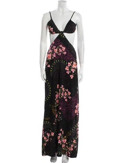 Pre-owned Agua Bendita Floral Print Long Dress In Black