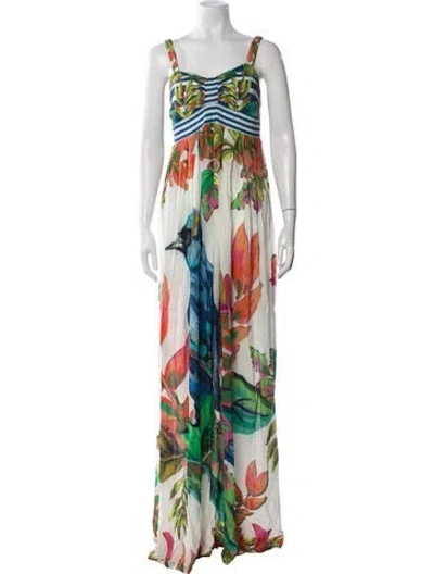 Pre-owned Agua Bendita Floral Print Long Dress In Green