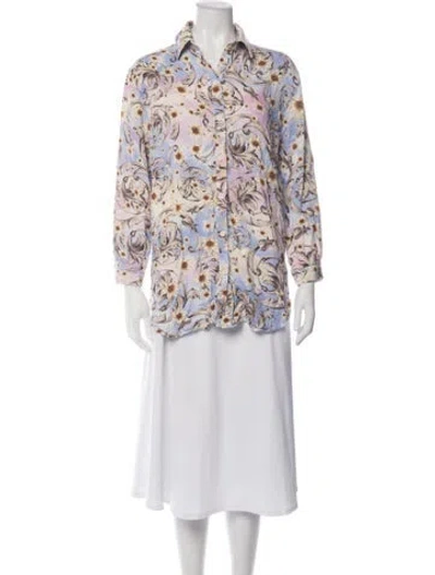 Pre-owned Agua Bendita Floral Print Long Sleeve Button-up Top In Blue