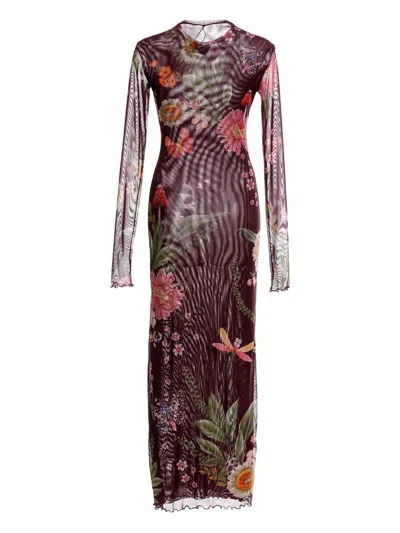 Agua Bendita Floral-print Mesh Maxi Dress In Brown