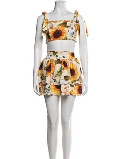 Pre-owned Agua Bendita Floral Print Scalloped Accent Skirt Set In Multi