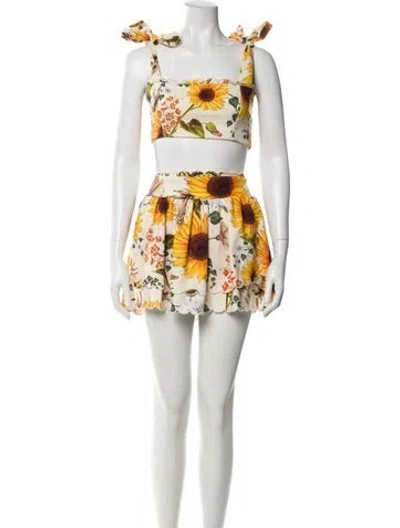 Pre-owned Agua Bendita Floral Print Scalloped Accent Skirt Set In Yellow