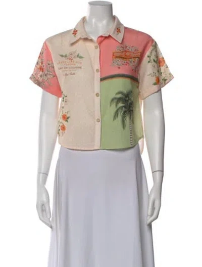Pre-owned Agua Bendita Floral Print Short Sleeve Button-up Top In Neutral
