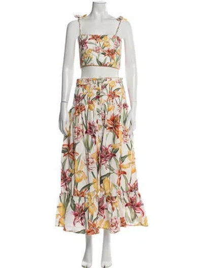 Pre-owned Agua Bendita Floral Print Tassel Accents Skirt Set In White