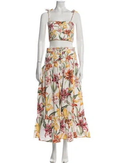 Pre-owned Agua Bendita Floral Print Tassel Accents Skirt Set In White