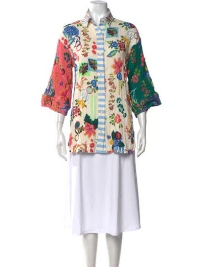 Pre-owned Agua Bendita Floral Print Three-quarter Sleeve Button-up Top W/ Tags In Multi