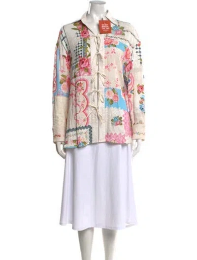 Pre-owned Agua Bendita Floral Print Tie Neck Top W/ Tags In Neutral