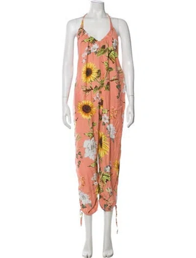 Pre-owned Agua Bendita Floral Print V-neck Jumpsuit In Orange