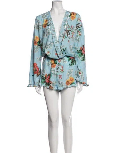 Pre-owned Agua Bendita Floral Print V-neck Romper In Blue