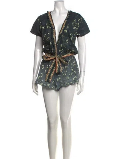 Pre-owned Agua Bendita Floral Print V-neck Romper In Grey