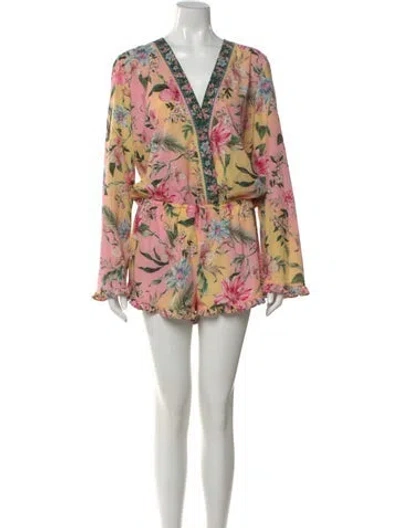 Pre-owned Agua Bendita Floral Print V-neck Romper In Pink