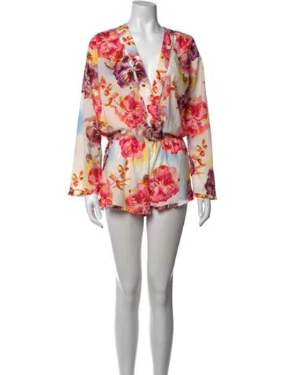 Pre-owned Agua Bendita Floral Print V-neck Romper In Red