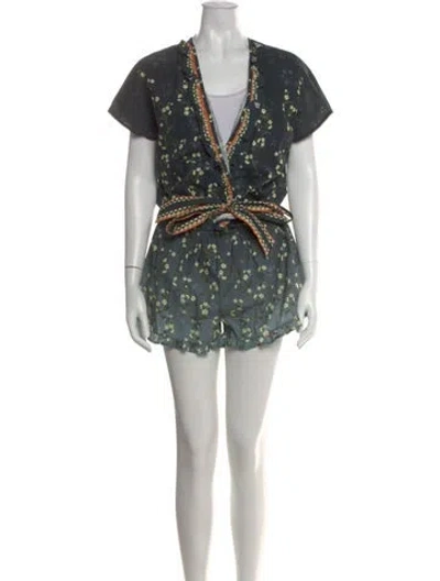 Pre-owned Agua Bendita Floral Print V-neck Romper W/ Tags In Gray