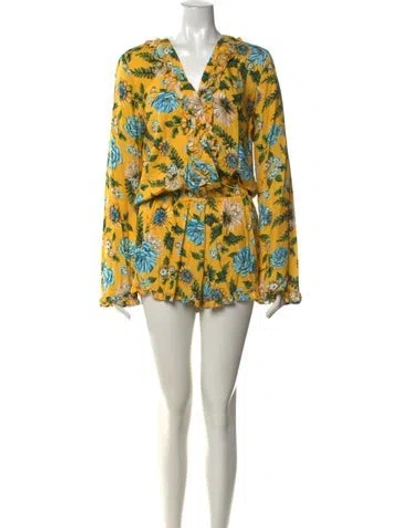 Pre-owned Agua Bendita Floral Print V-neck Romper W/ Tags In Yellow