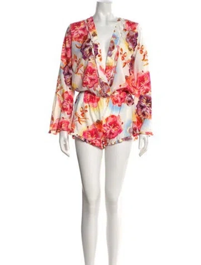 Pre-owned Agua Bendita Floral Print V-neck Romper In White