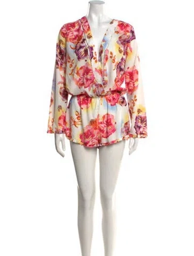 Pre-owned Agua Bendita Floral Print V-neck Romper In White