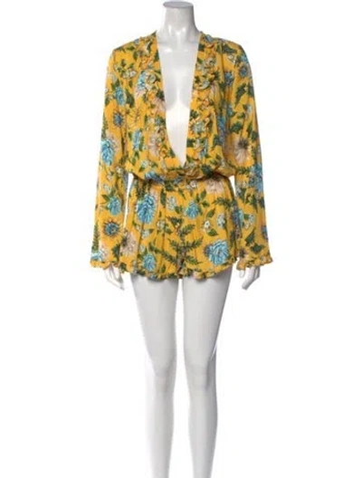 Pre-owned Agua Bendita Floral Print V-neck Romper In Yellow
