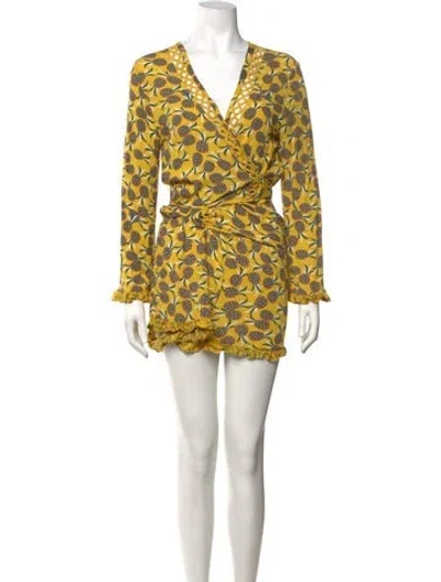 Pre-owned Agua Bendita Floral Print V-neck Romper In Yellow