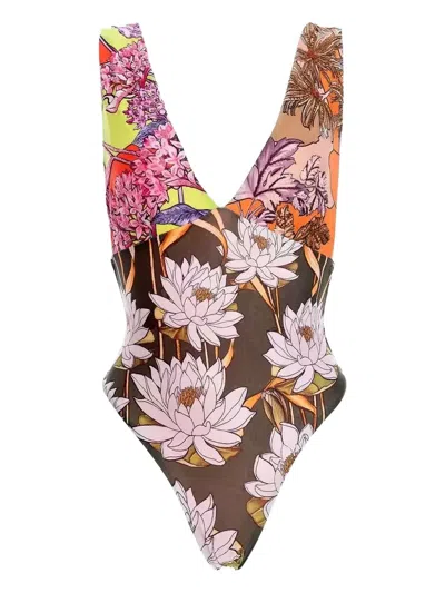 Agua Bendita Floral-print Wide-strap Tulipa Swimsuit In White