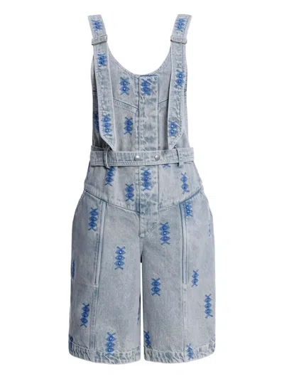Agua Bendita Freesia Embroidered-denim Jumpsuit In Blue