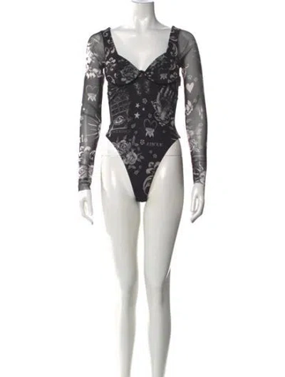 Pre-owned Agua Bendita Graphic Print V-neck Bodysuit In Black