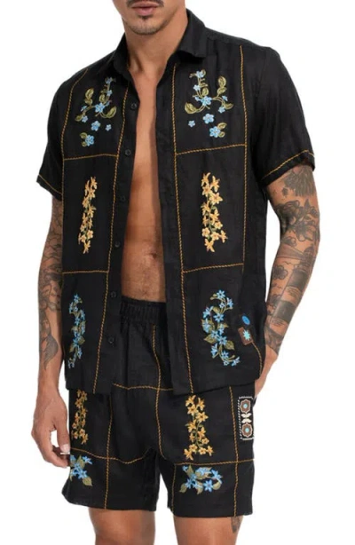 Agua Bendita Jack Linen Camp Shirt In Black