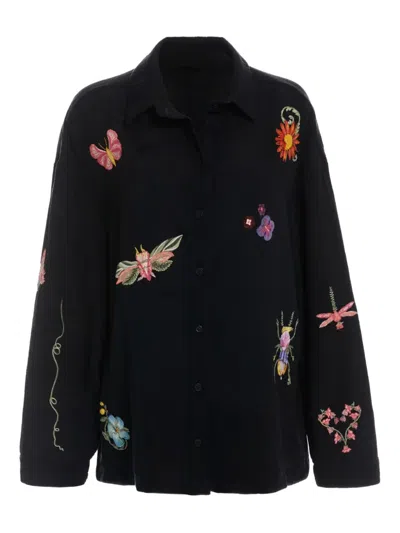 Agua Bendita Keishi Floral-embroidered Shirt In Black