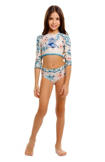 Agua Bendita Kids' Caramel Long Sleeve Upf 50 Two-piece Rashguard Swimsuit In Blue