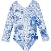 Agua Bendita Kids' Honey Tales Long Sleeve One-piece Rashguard Swimsuit In Blue