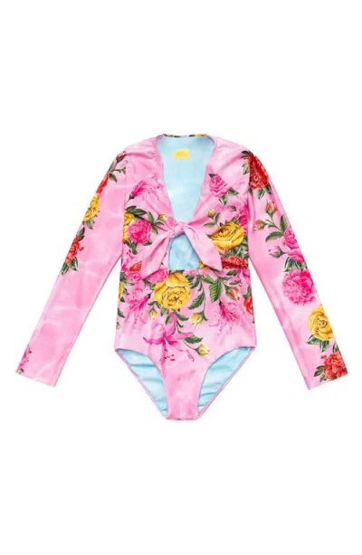 Agua Bendita Kids' Mirage Cindy Long Sleeve One-piece Rashguard Swimsuit In Pink