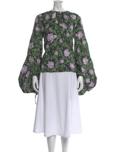 Pre-owned Agua Bendita Linen Floral Print Blouse In Green