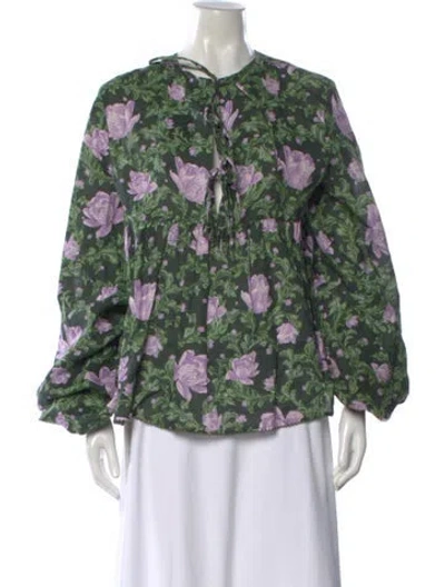 Pre-owned Agua Bendita Linen Floral Print Blouse In Green