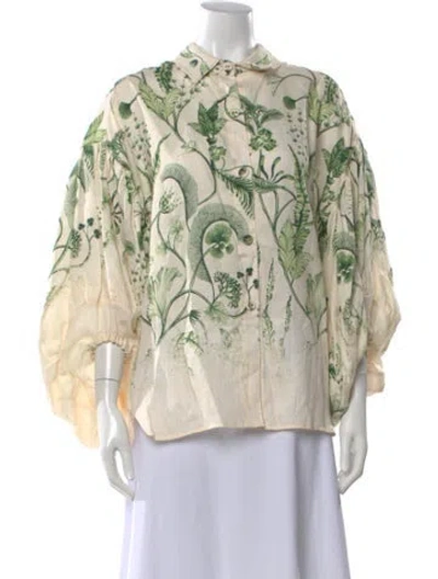 Pre-owned Agua Bendita Linen Floral Print Blouse W/ Tags In Neutral