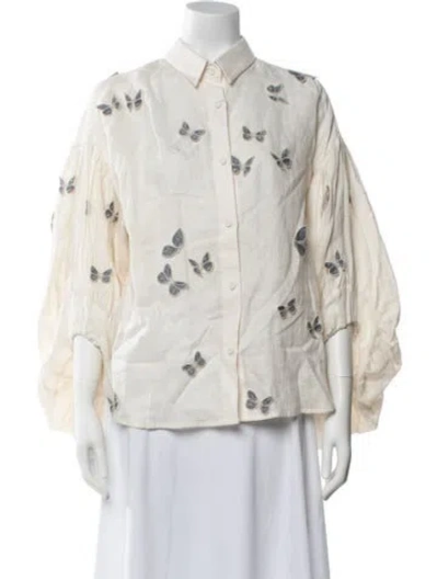 Pre-owned Agua Bendita Linen Floral Print Blouse W/ Tags In Neutrals