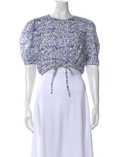 Pre-owned Agua Bendita Linen Floral Print Crop Top In White