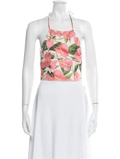 Pre-owned Agua Bendita Linen Floral Print Crop Top In White