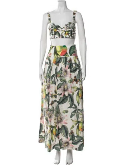 Pre-owned Agua Bendita Linen Floral Print Skirt Set In White