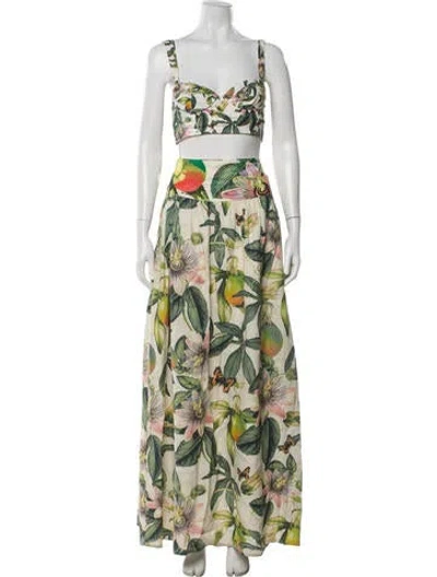 Pre-owned Agua Bendita Linen Printed Skirt Set In Green