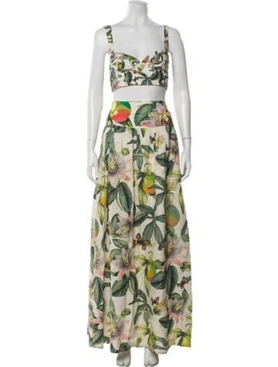 Pre-owned Agua Bendita Linen Printed Skirt Set In Green