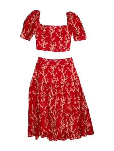 Pre-owned Agua Bendita Linen Printed Skirt Set In Orange