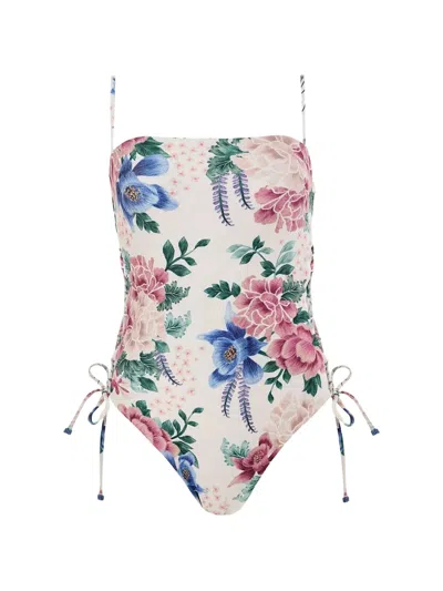Agua Bendita Nader Floral-print Lace-up Swimsuit In White