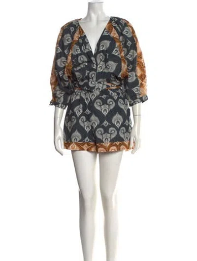 Pre-owned Agua Bendita Patterned V-neck Romper W/ Tags In Blue