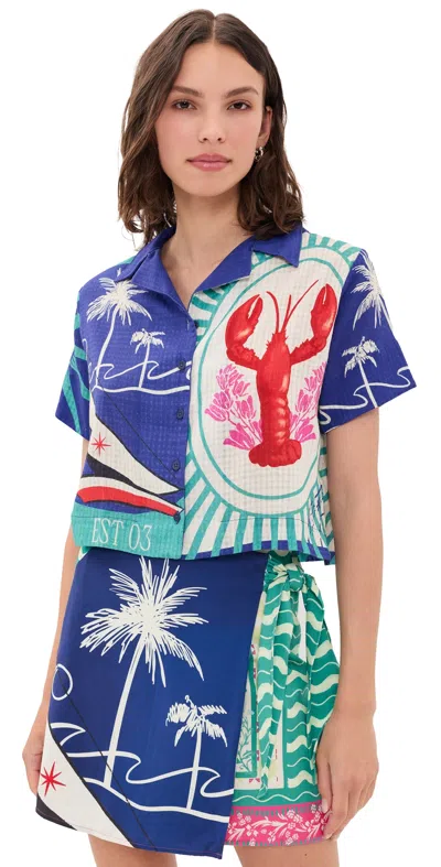 Agua Bendita Prim Cropped Button Down Shirt Multicolor In Blue