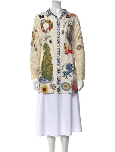 Pre-owned Agua Bendita Printed Long Sleeve Button-up Top In Neutrals