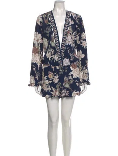 Pre-owned Agua Bendita Printed Plunge Neckline Romper In Blue