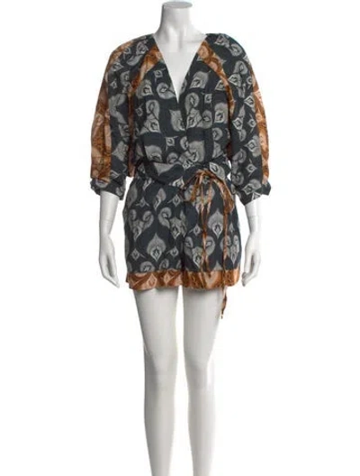 Pre-owned Agua Bendita Printed Plunge Neckline Romper In Blue