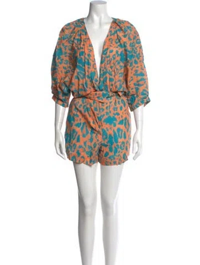 Pre-owned Agua Bendita Printed Plunge Neckline Romper In Orange