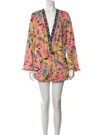 Pre-owned Agua Bendita Printed Plunge Neckline Romper In Pink