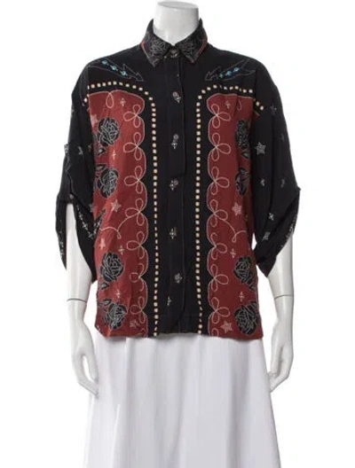 Pre-owned Agua Bendita Printed Short Sleeve Button-up Top In Blue