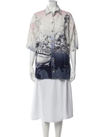 Pre-owned Agua Bendita Printed Short Sleeve Button-up Top In White